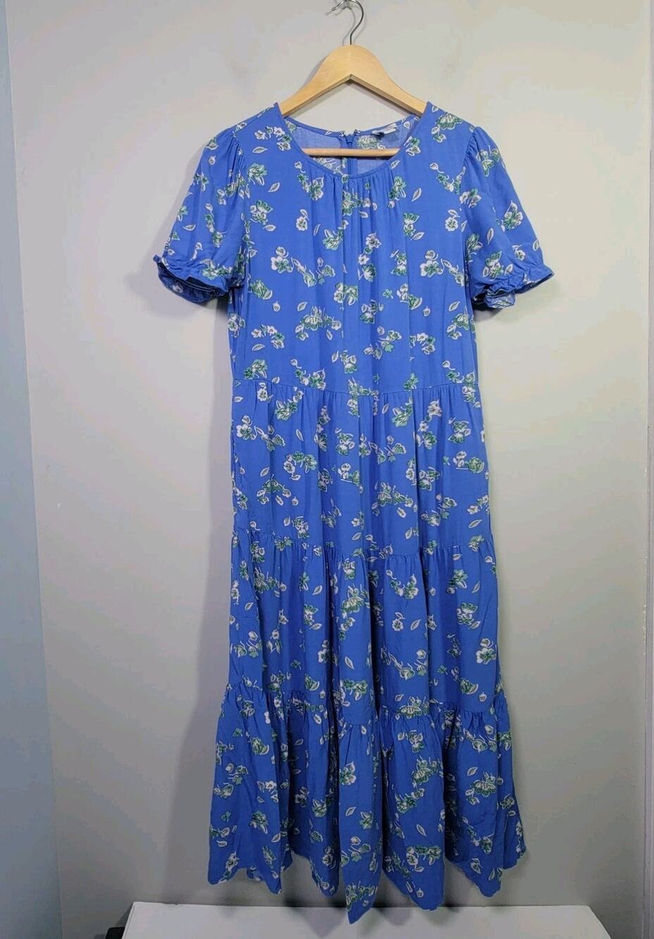 J. Crew Factory Womens M Puff Short Sleeve Tiered Floral Midi Dress Blue
